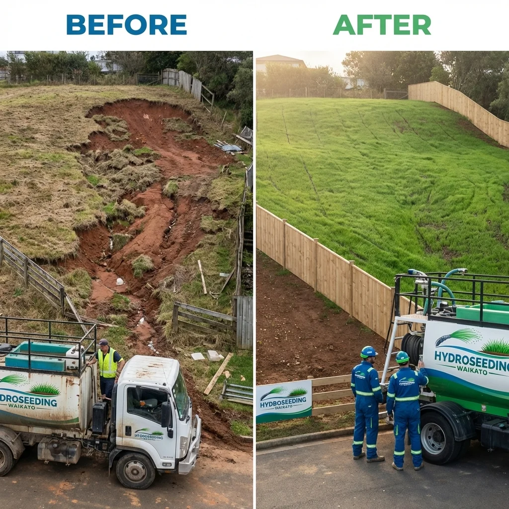 Hydroseeding Waikato before and after lawn result showing rapid grass establishment from hydroseeding