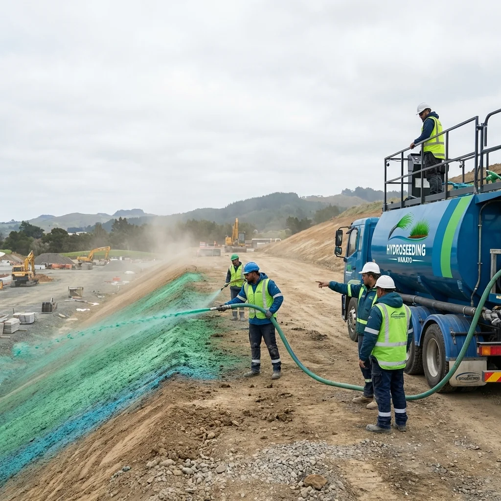 Hydroseeding Waikato first commercial project showing hydroseeding applied to large commercial site